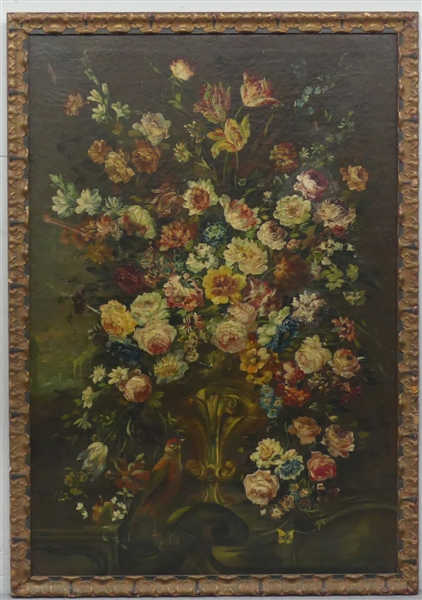 Stillebenmaler, um 1820 Öl auf Leinen, prachtvolles Blumenstilleben mit einem kleinen Papagei,
