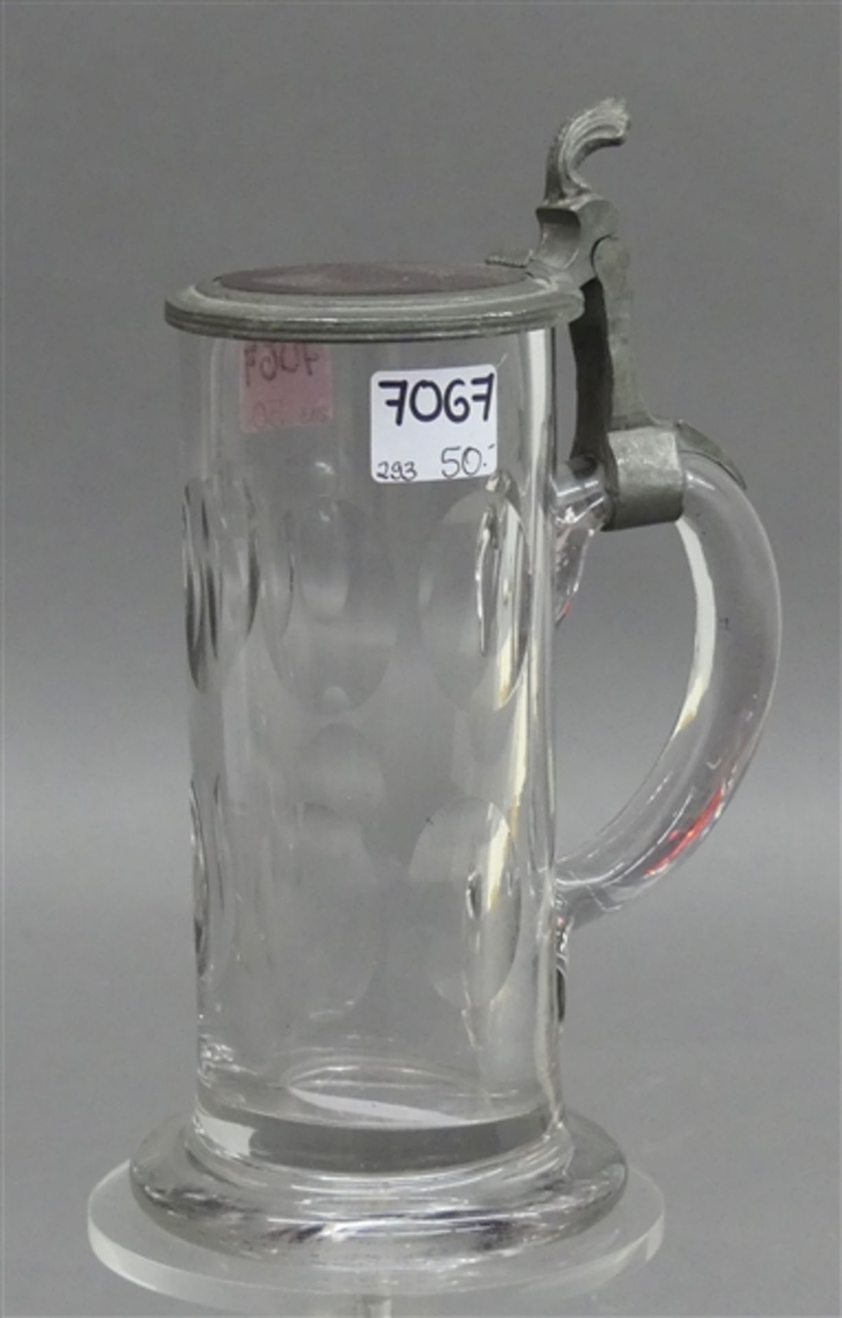 Bierkrug farbloses Glas, um 1900, 0,5 ltr., Zinndeckel mit rubinrotem Glaseinsatz, h 19,5 cm,