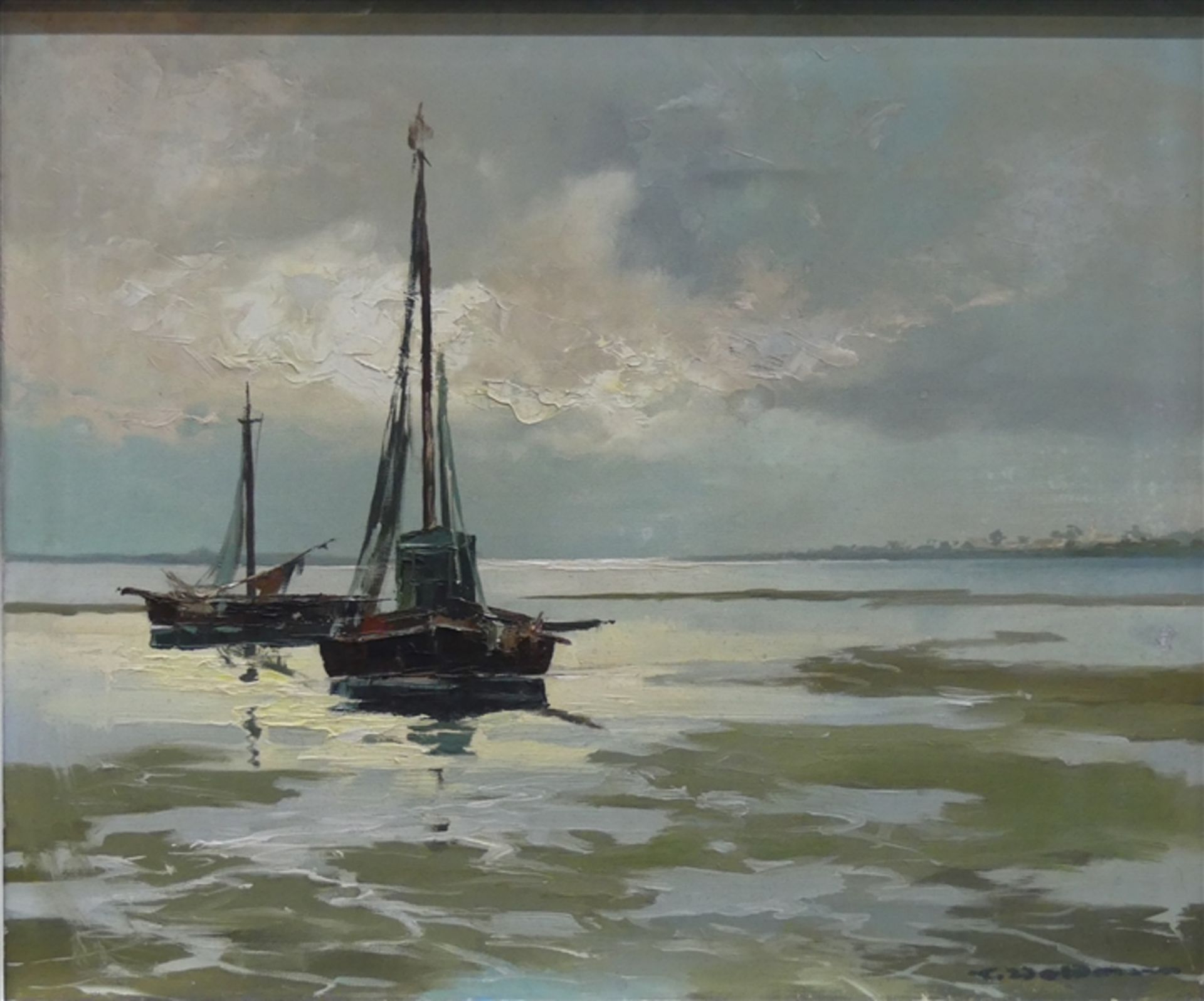 Waldmann, Emil geb. 1925 Fürth, Öl auf Leinen, Segelboote in Aufbruchstimmung, rechts unten