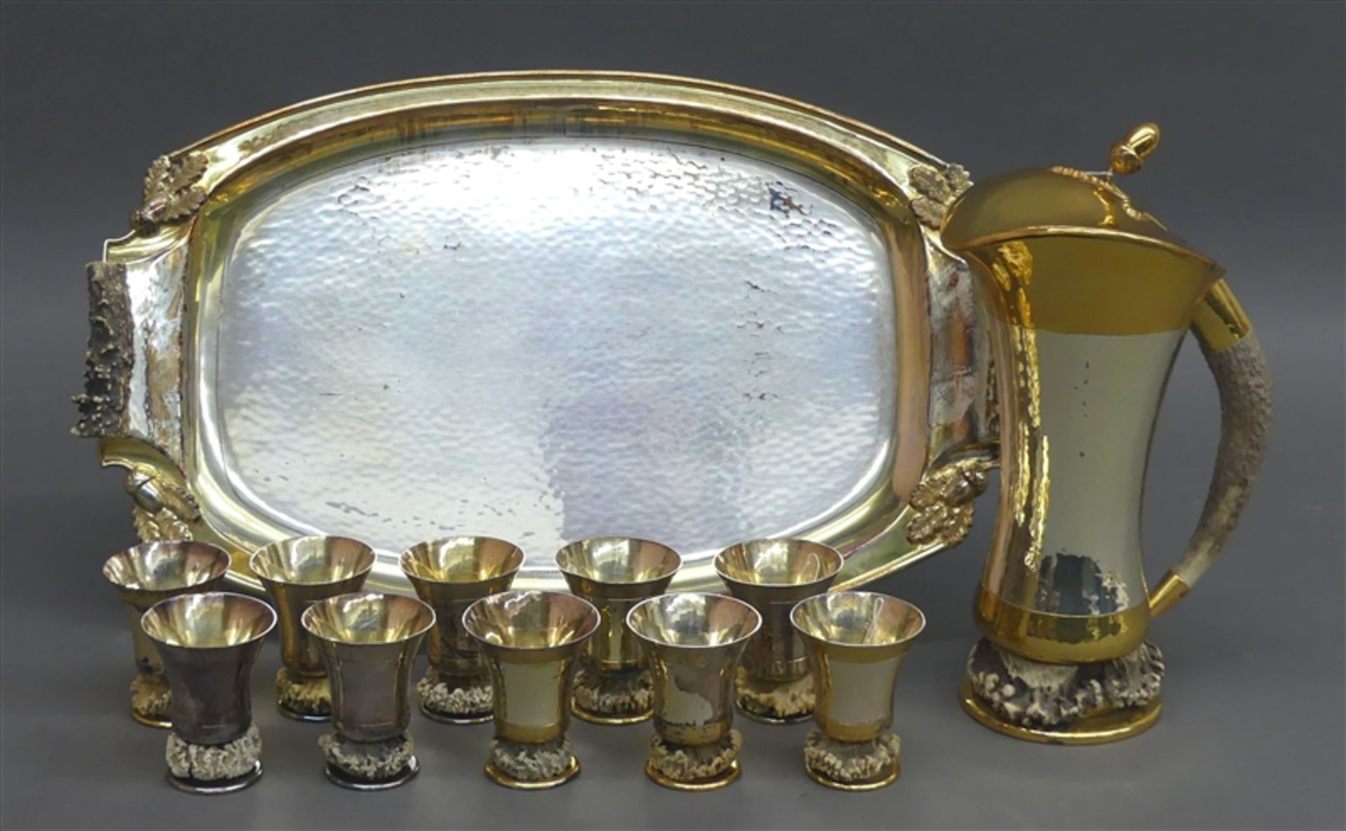 Schnapsgarnitur Silber, vergoldet, Hirschhorndekor, Handarbeit, Sterlingsilber, Kanne mit