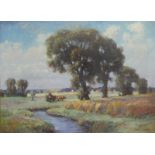 Müller, Fritz 1879 - 1957, Öl auf Leinen, Bachlandschaft mit Ochsengespann und Baum, rechts unten