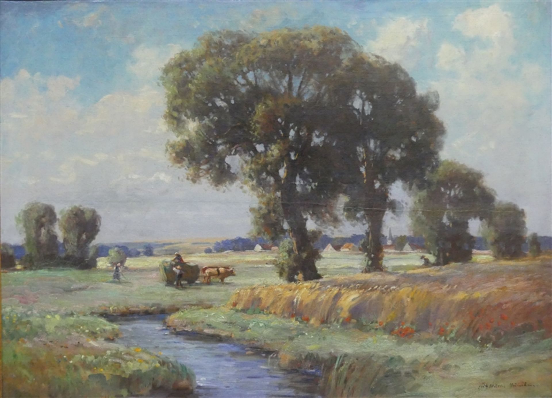 Müller, Fritz 1879 - 1957, Öl auf Leinen, Bachlandschaft mit Ochsengespann und Baum, rechts unten