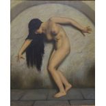 Herrfeldt, Marcel Rene 1889 - 1956, Öl auf Leinen, stehende nackte Dame mit langen schwarzen