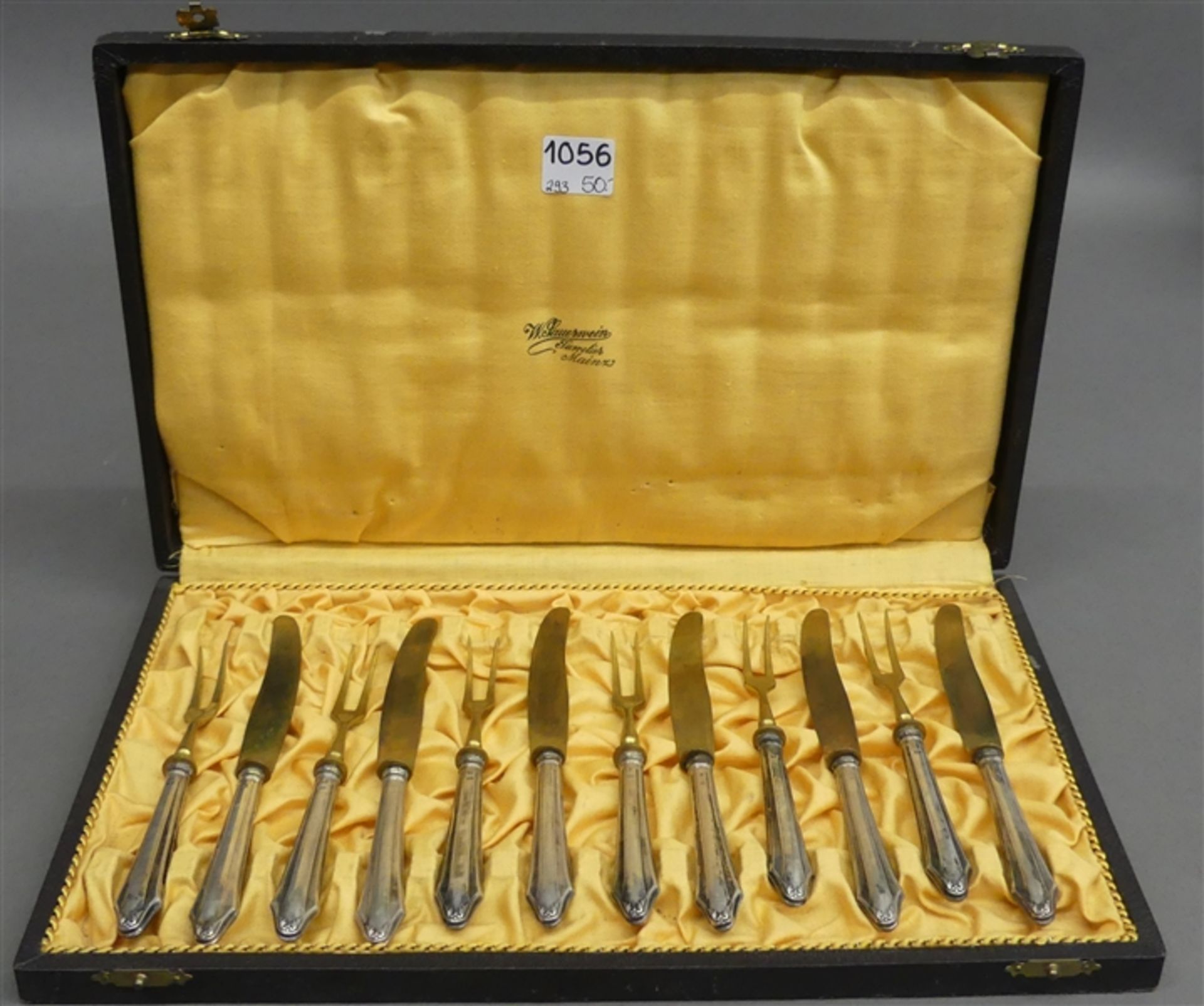 Obstbesteck Silber, 6 Messer, 6 Gabeln, punziert, um 1880, Juwelier Sauerwein, Mainz, im