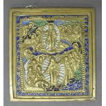 Reiseikone Russland, 19. Jh., Höllenfahrt Christi, Bronze, dreifarbig emailliert, 11x10 cm,