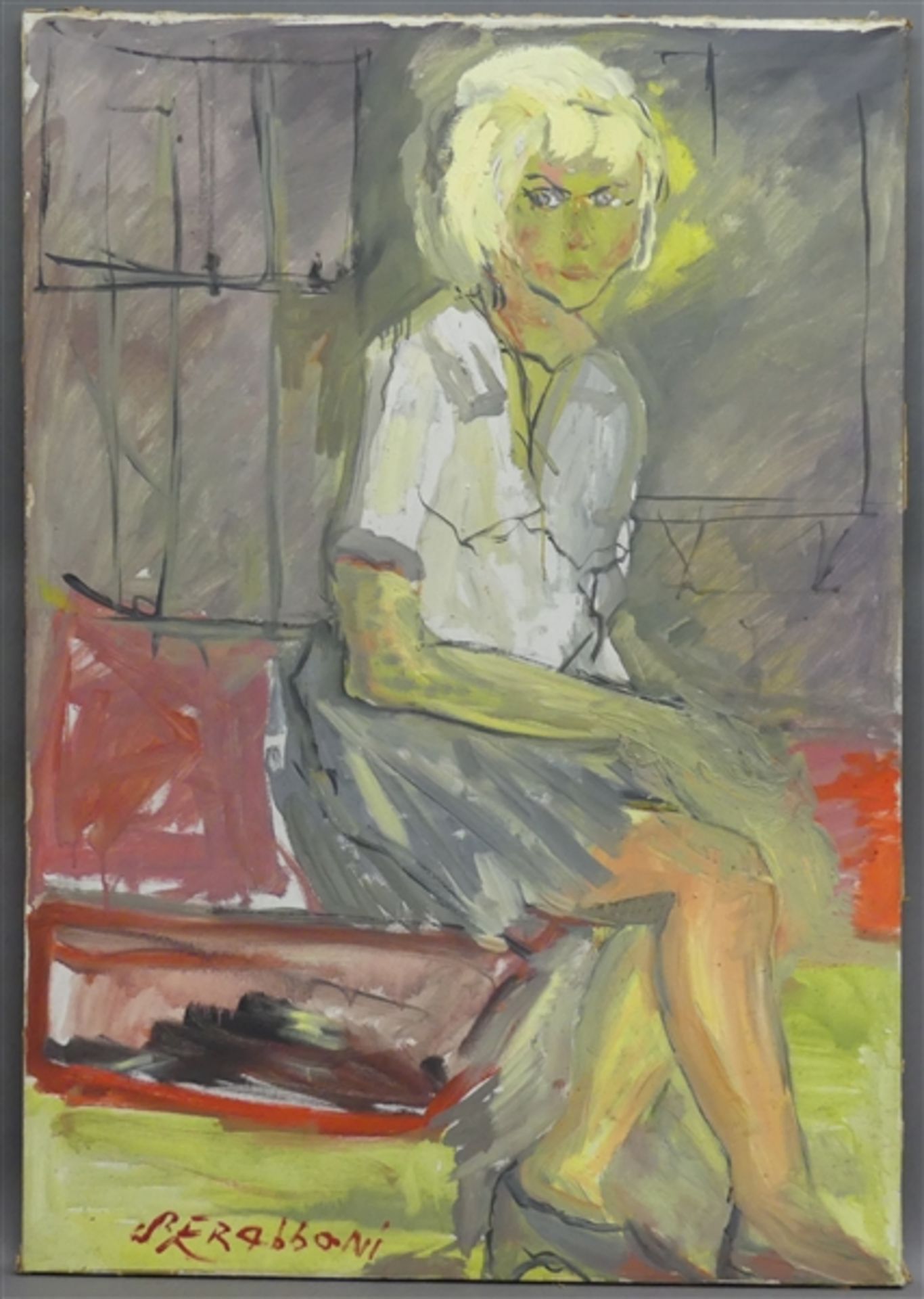 Erabboni, S. Öl auf Leinen, "sitzendes Mädchen", links unten signiert, um 1960, 100x70 cm,