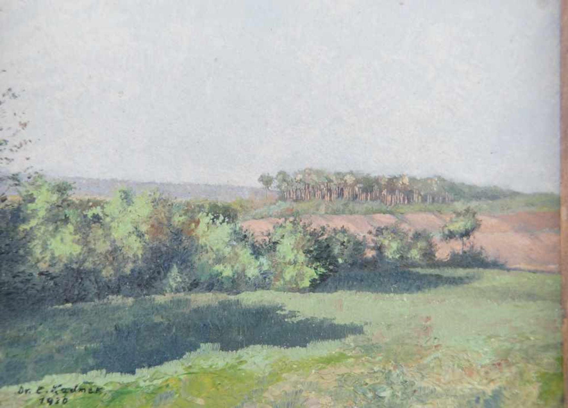 Landschaft, "Sonnenkuss", Öl auf Malkarton, verso bezeichnet, signiert, datiert, geramt,< - Bild 2 aus 5