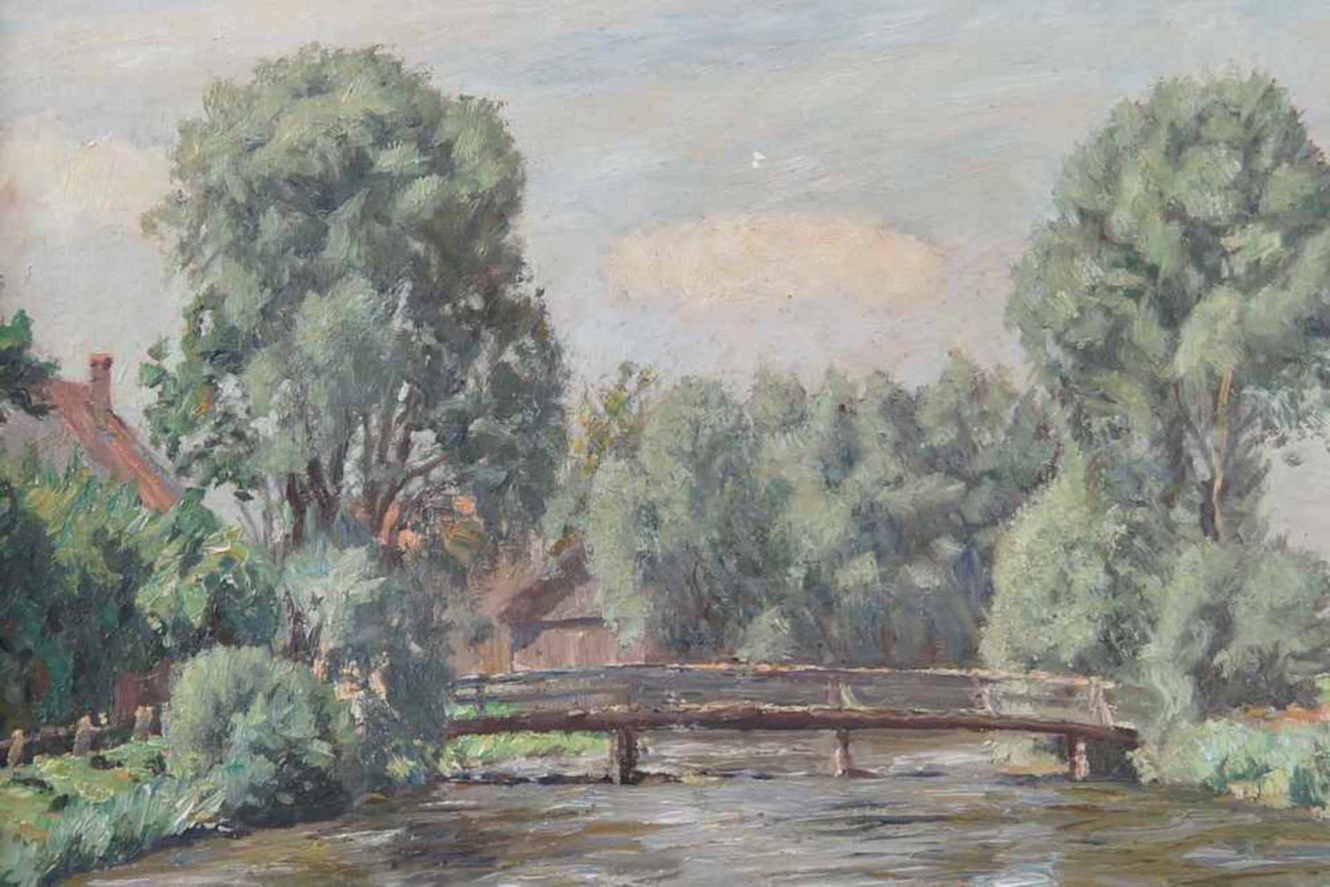 Landschaft mit Holzbrücke über Gewässer, Öl auf Leinwand, gerahmt, signiert, A. Weise,<br - Bild 2 aus 7