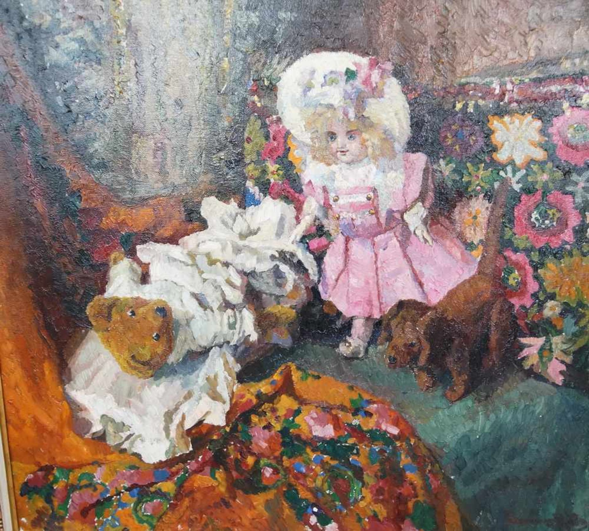 Liebliches Gemälde in Öl auf Leinwand, gerahmt, Kind mit Teddybär und Hund, 103x111cm - Bild 5 aus 6