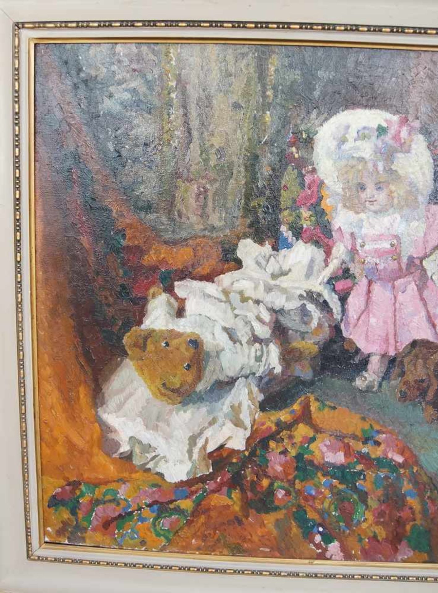 Liebliches Gemälde in Öl auf Leinwand, gerahmt, Kind mit Teddybär und Hund, 103x111cm - Bild 3 aus 6