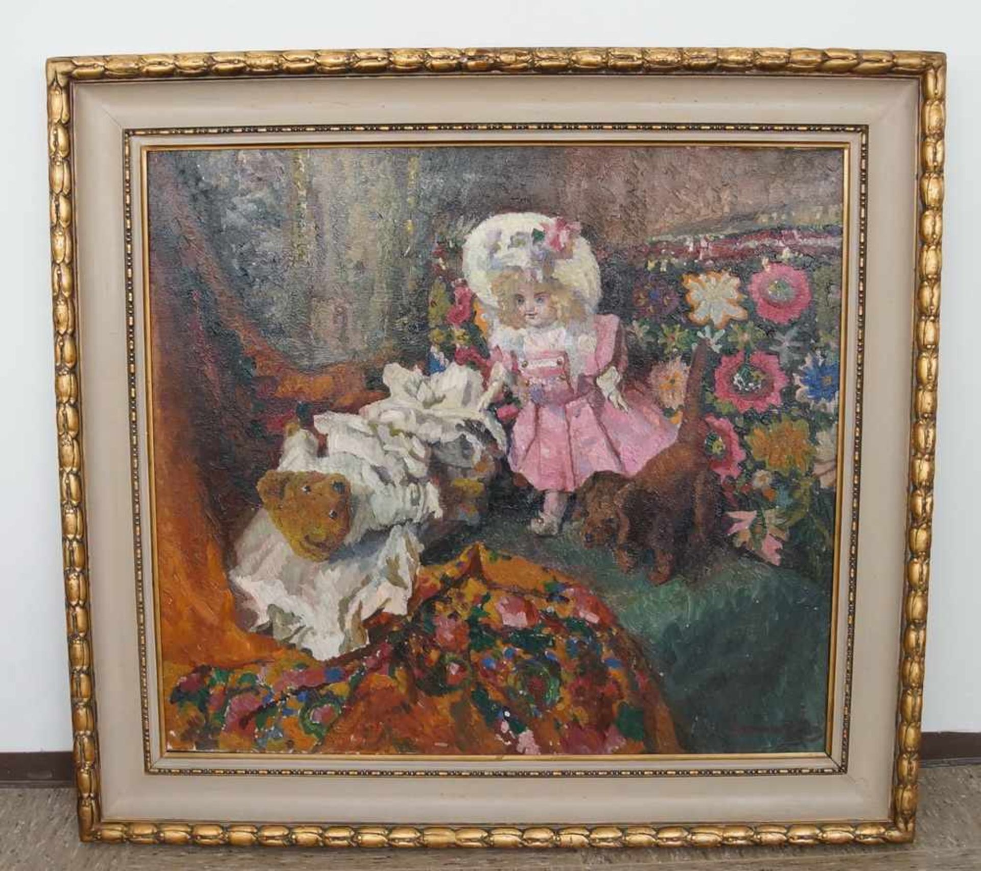 Liebliches Gemälde in Öl auf Leinwand, gerahmt, Kind mit Teddybär und Hund, 103x111cm