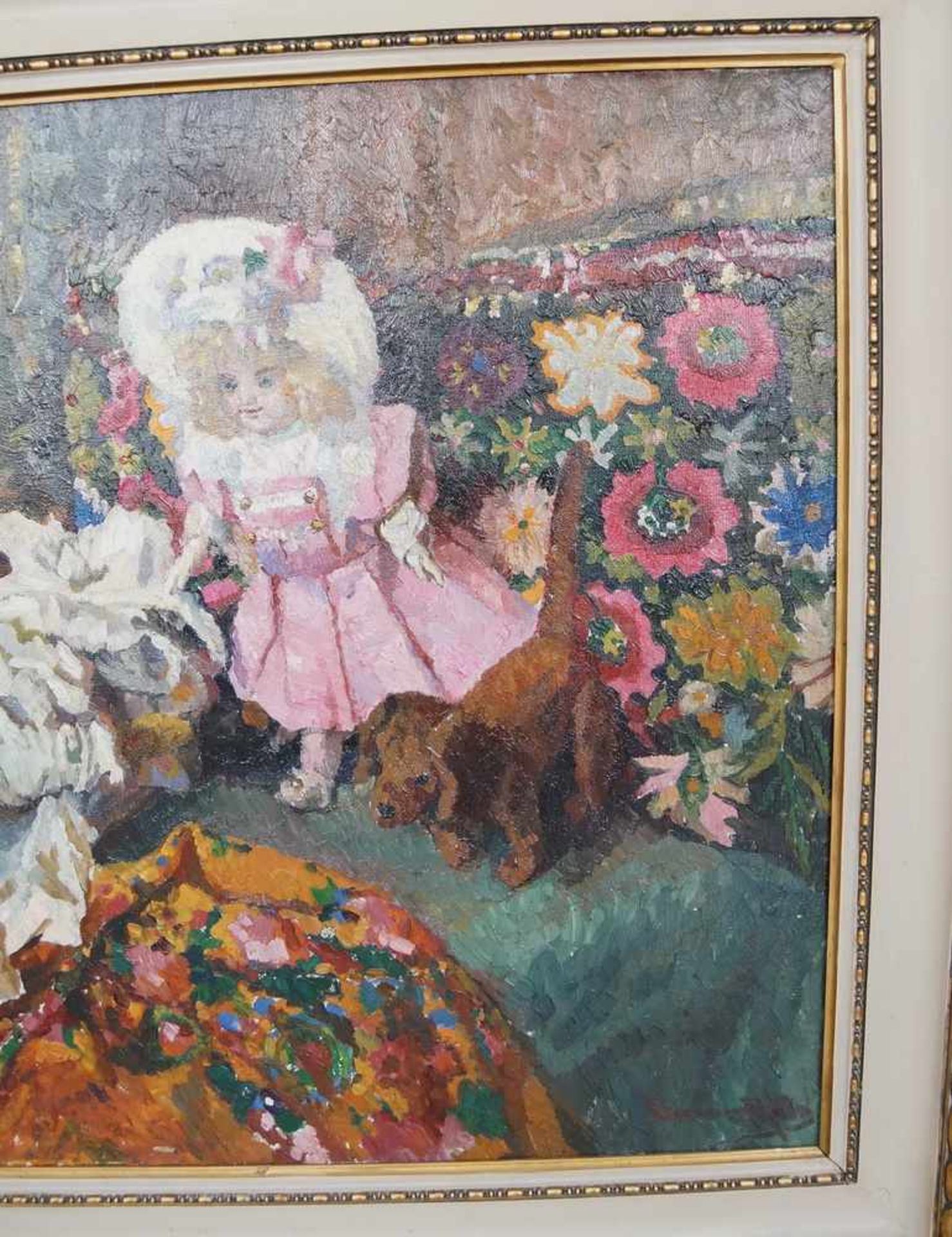 Liebliches Gemälde in Öl auf Leinwand, gerahmt, Kind mit Teddybär und Hund, 103x111cm - Bild 4 aus 6