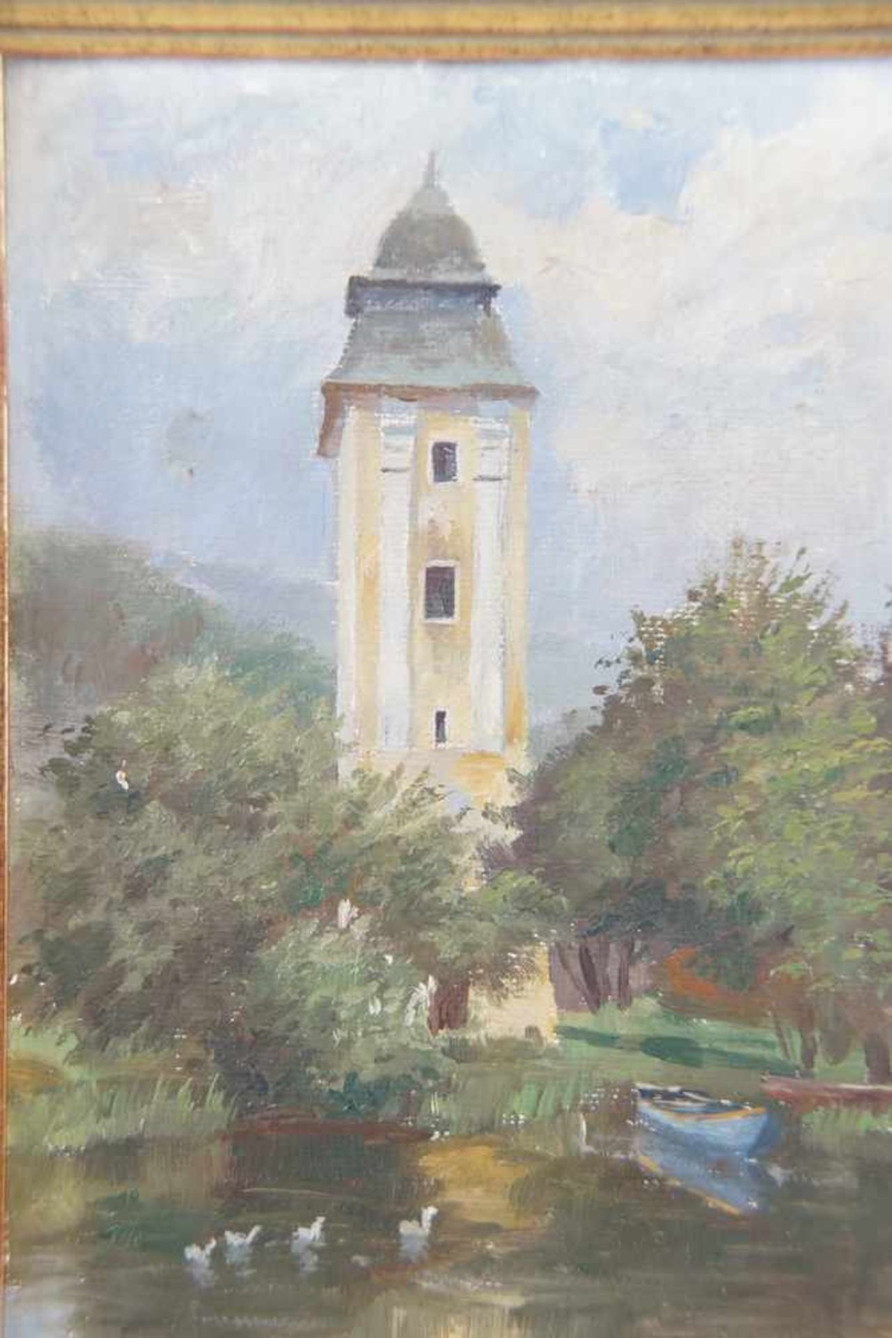 Hans Holzapfel, 1884- 1960 München, Wasserturm am Gewässer, Öl auf Malkarton, gerahmt,<br - Bild 5 aus 9