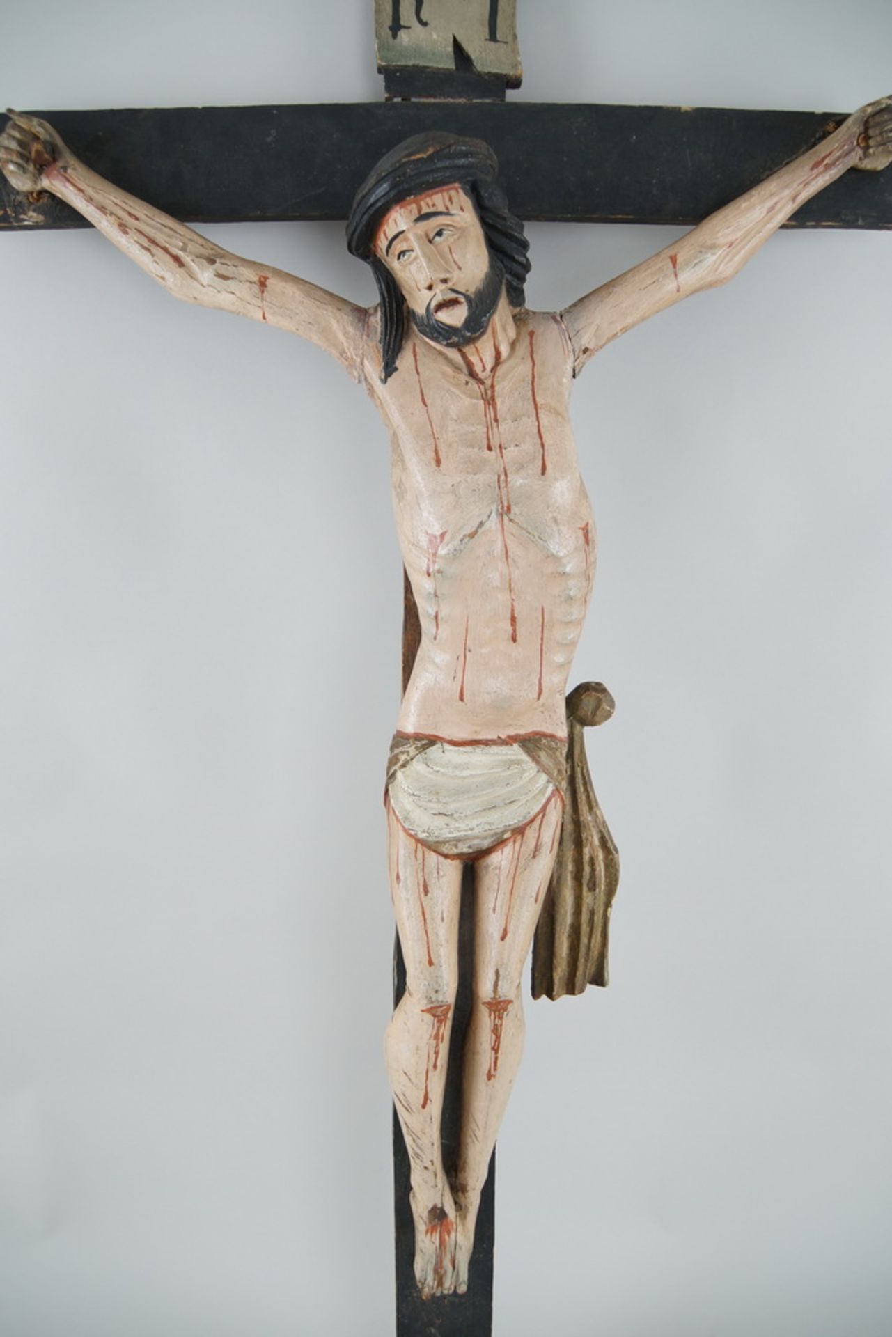 Kruzifix mit Korpus Christi, Holz geschnitzt und gefasst, 114x60 cm, Korpus 81x55cm - Bild 3 aus 7