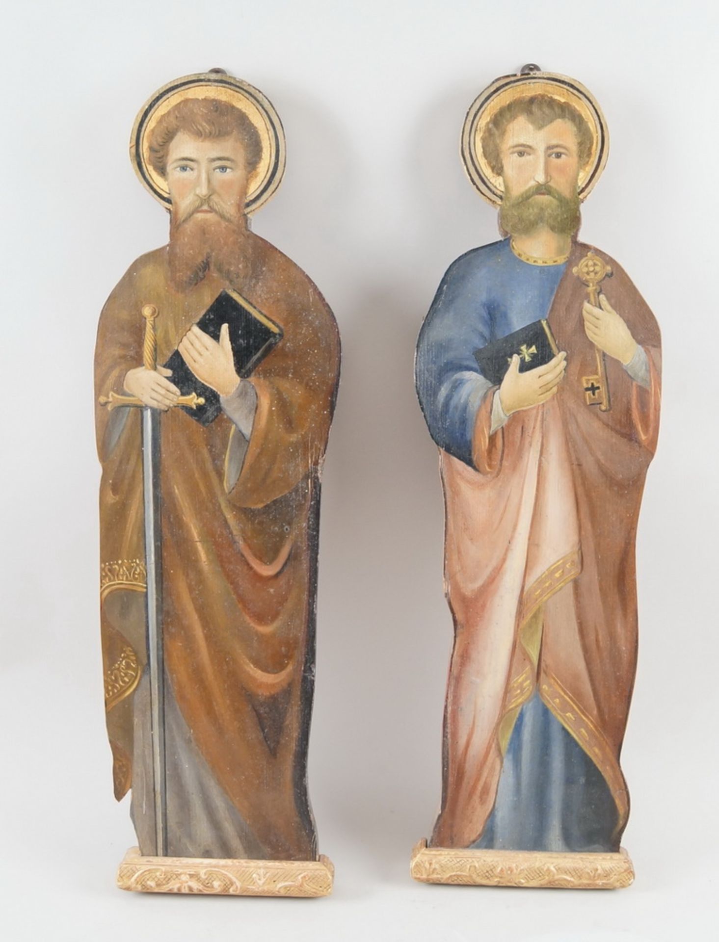 Peter und Paul, heiliger Petrus und Paulus, bemalte Holztafeln, 19. JH, geschnitzt, H 68cm