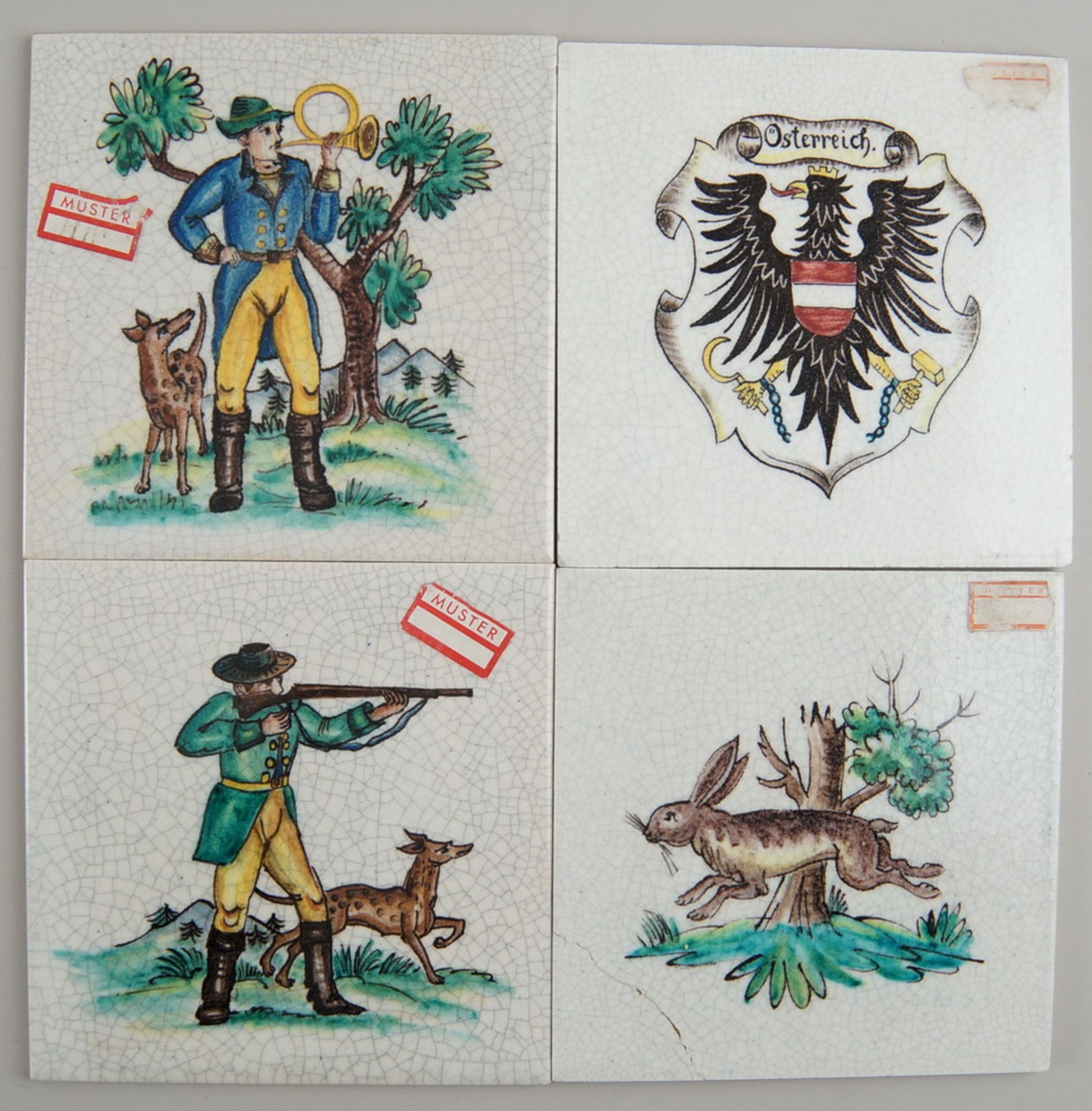 Vier Platten, Keramik, Österreich, Franz von Zülow, Schleiss Keramische Werkstätten,