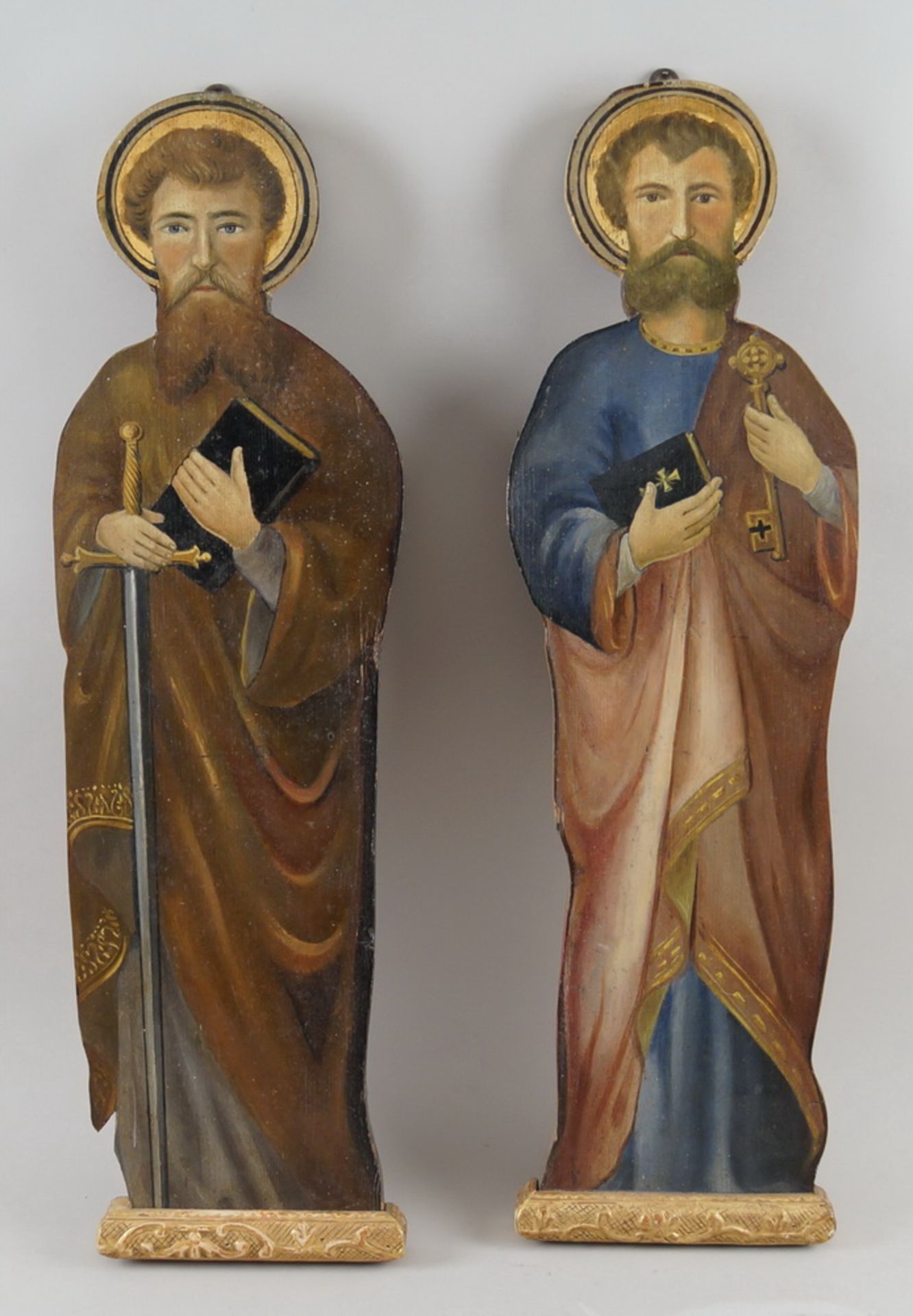 Peter und Paul, heiliger Petrus und Paulus, bemalte Holztafeln, 19. JH, geschnitzt, H 68cm - Bild 5 aus 7