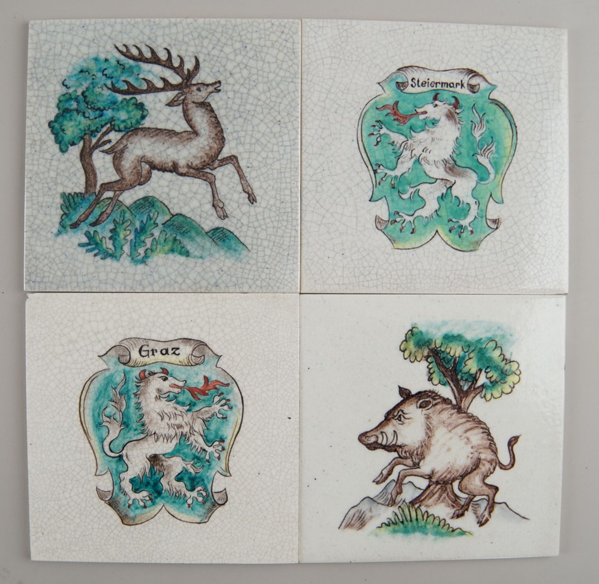 Vier Platten, Keramik, Österreich, Franz von Zülow, Schleiss Keramische Werkstätten,