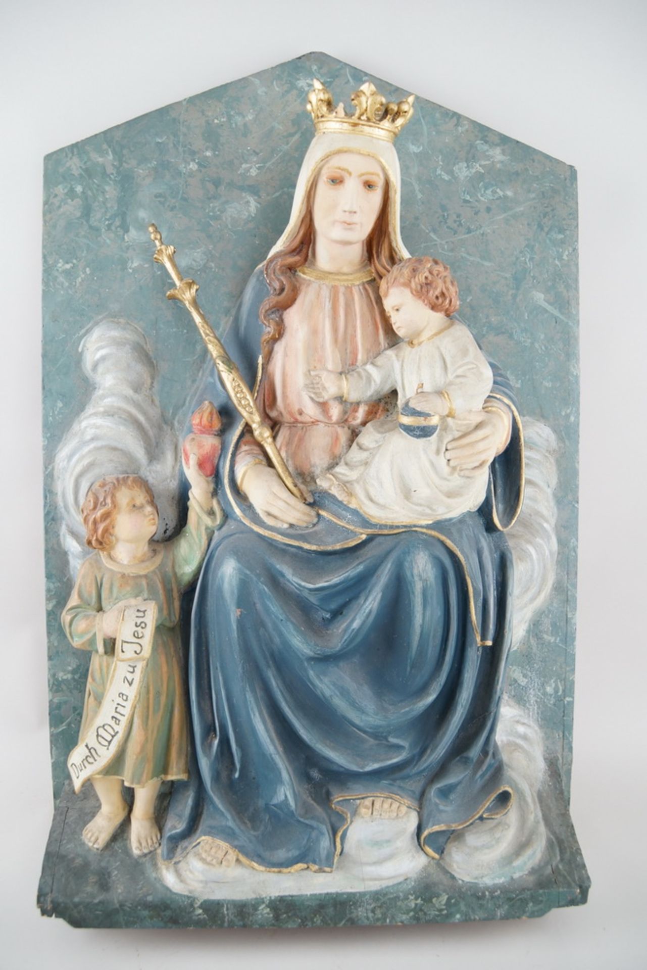 Prächtiges Wandrelief - "Durch Maria zu Jesus", Holz geschnitzt und gefasst, 19. JH,87x53x14cm - Bild 9 aus 10