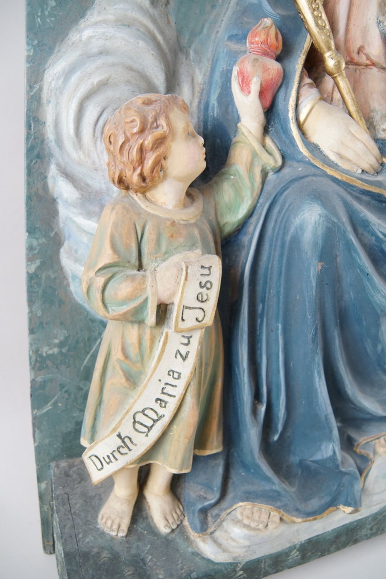Prächtiges Wandrelief - "Durch Maria zu Jesus", Holz geschnitzt und gefasst, 19. JH,87x53x14cm - Bild 6 aus 10