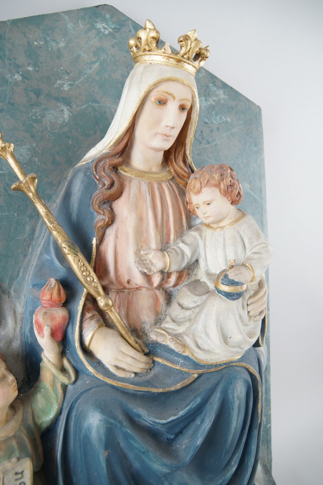 Prächtiges Wandrelief - "Durch Maria zu Jesus", Holz geschnitzt und gefasst, 19. JH,87x53x14cm - Bild 7 aus 10