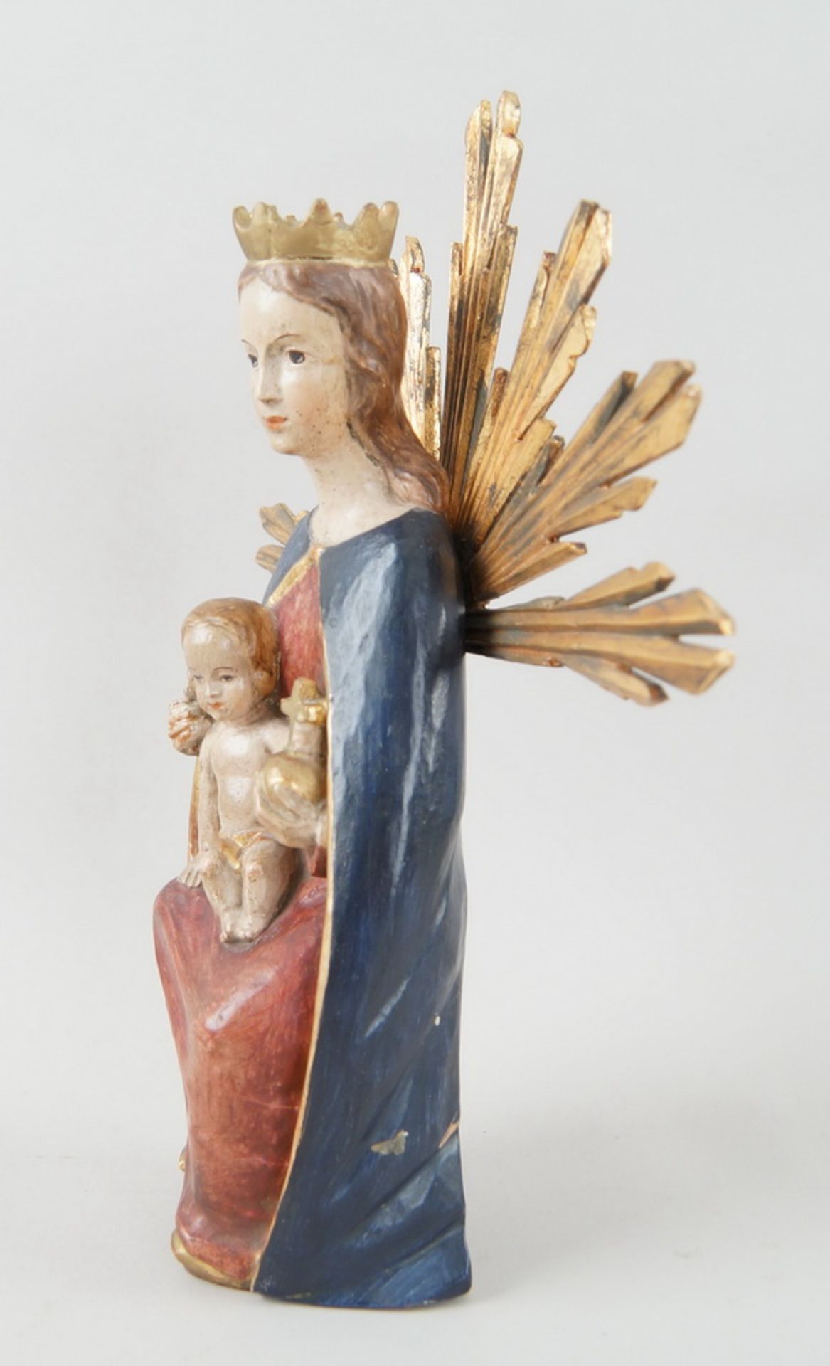 Liebliche Strahlenkranz - Madonna mit Jesus auf dem Schoss, Holz geschnitzt und gefasst, H34cm - Bild 4 aus 5