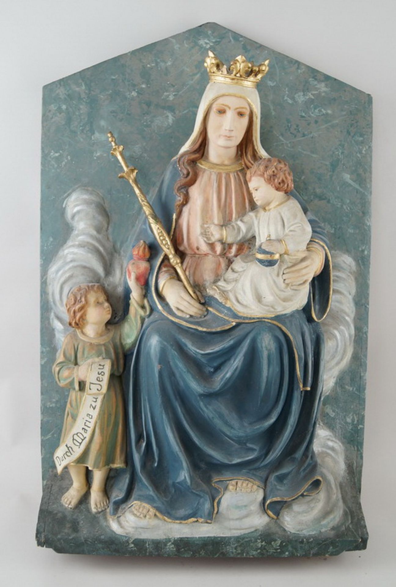 Prächtiges Wandrelief - "Durch Maria zu Jesus", Holz geschnitzt und gefasst, 19. JH,87x53x14cm - Bild 2 aus 10