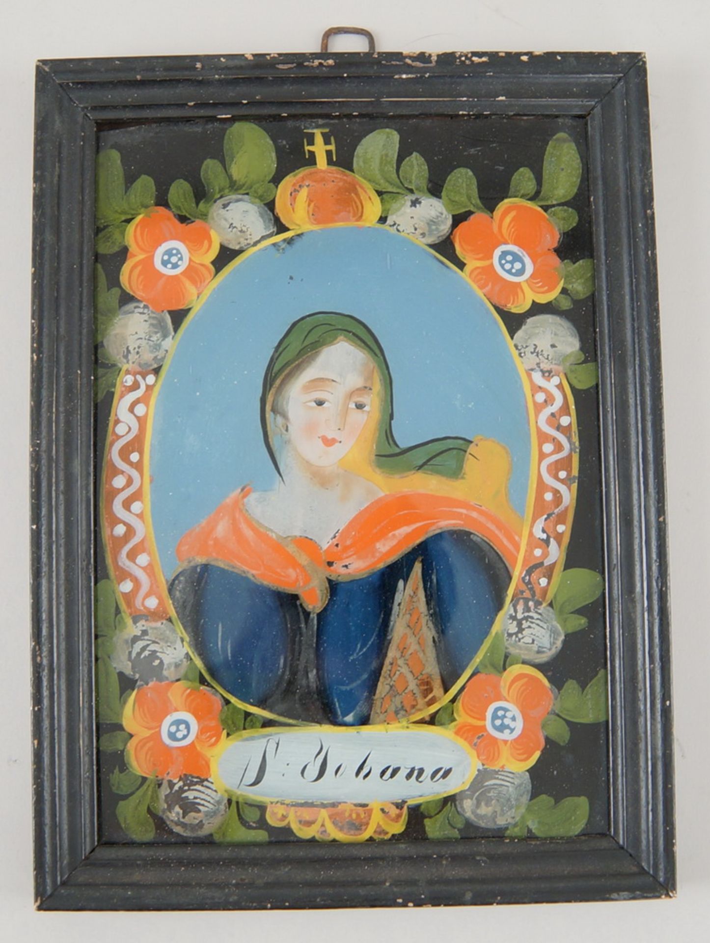 Hinterglasbild / Hinterglasmalerei, heilige Johanna (S. Johana), mit Holzrahmen, 24,5x18cm