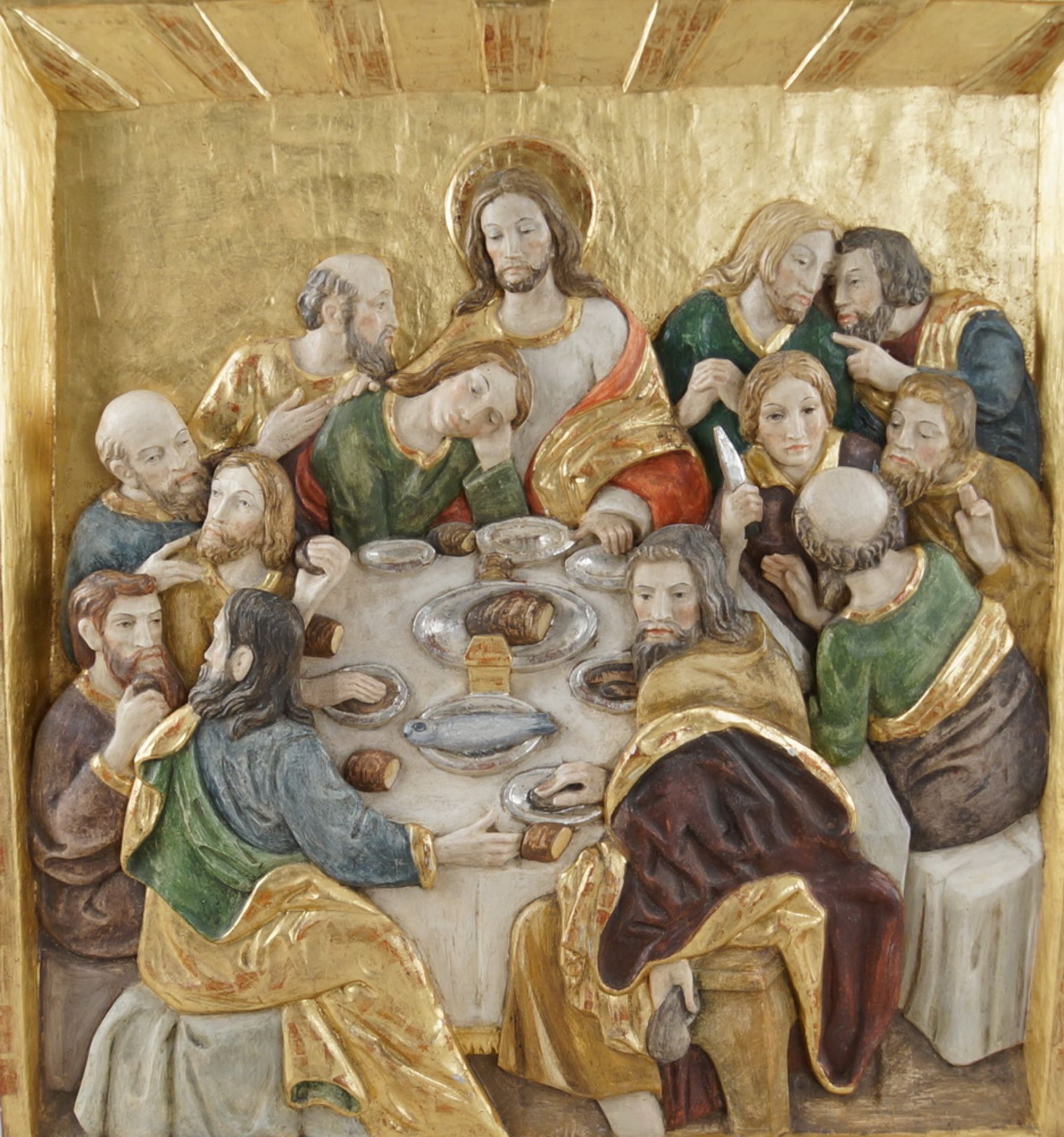 Das letzte Abendmahl, prunkvoll und fein in Holz geschnitztes Relief, üppig bemalt undvergoldet, - Bild 2 aus 11