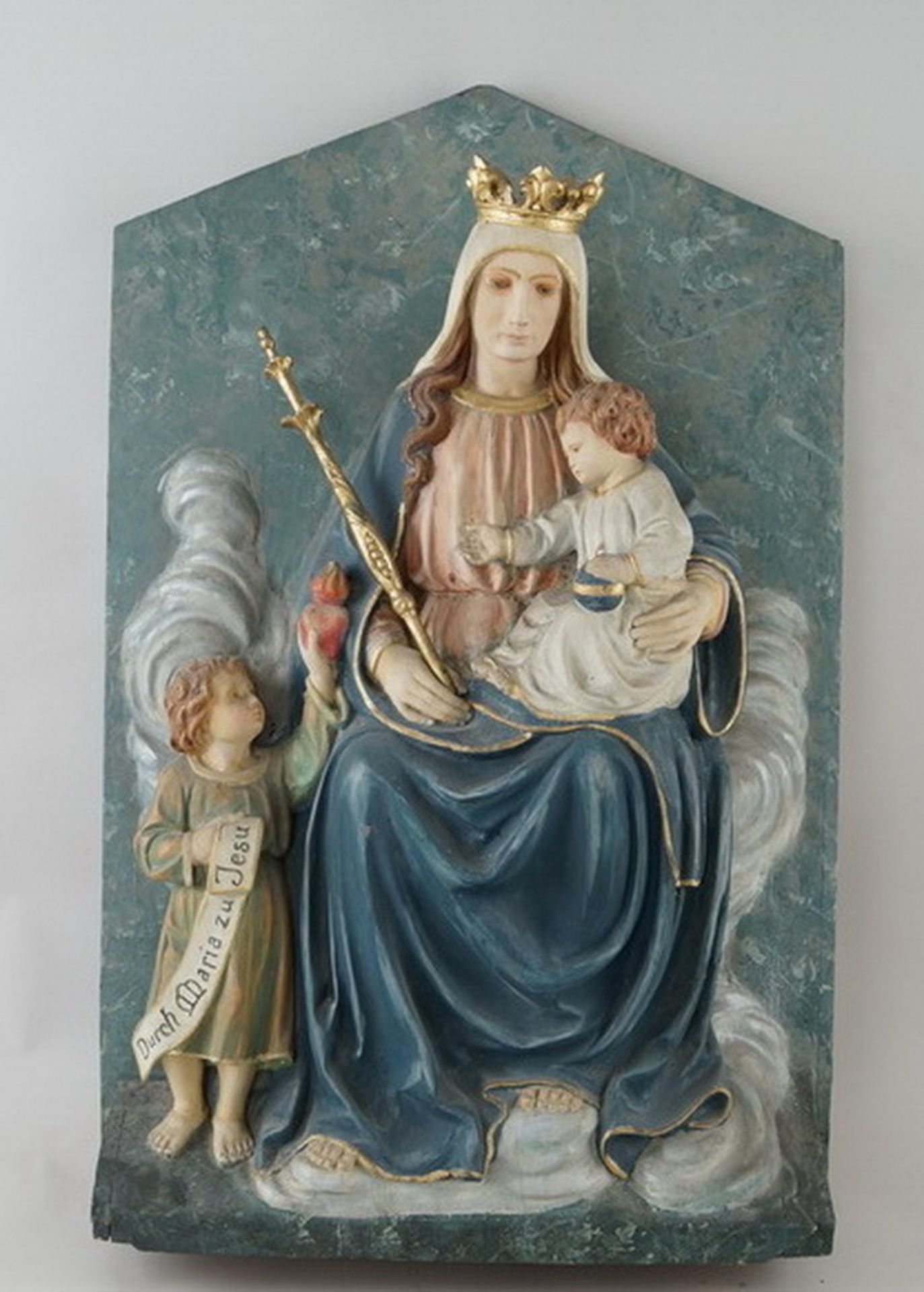 Prächtiges Wandrelief - "Durch Maria zu Jesus", Holz geschnitzt und gefasst, 19. JH,87x53x14cm