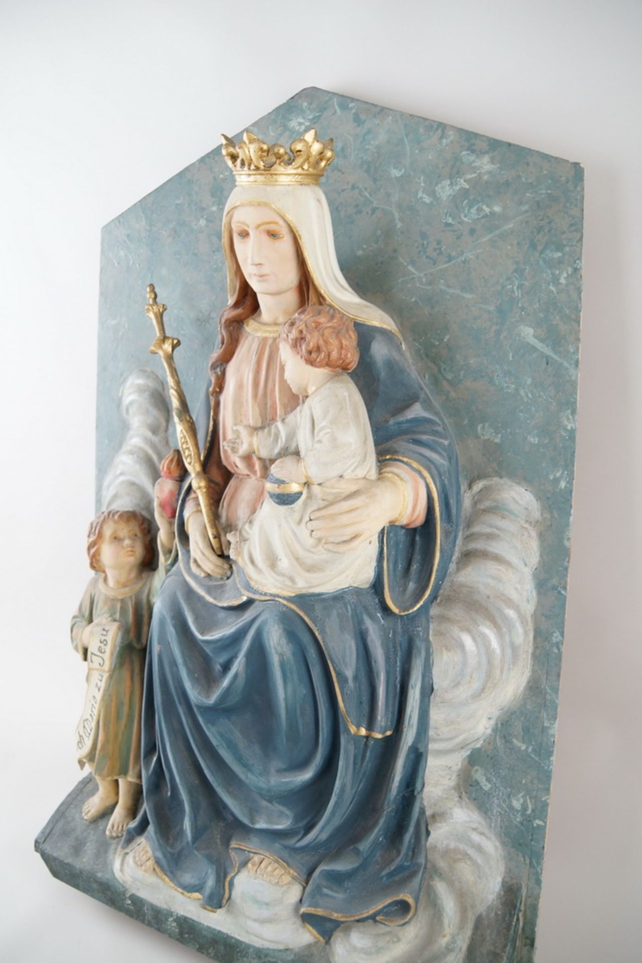 Prächtiges Wandrelief - "Durch Maria zu Jesus", Holz geschnitzt und gefasst, 19. JH,87x53x14cm - Bild 4 aus 10