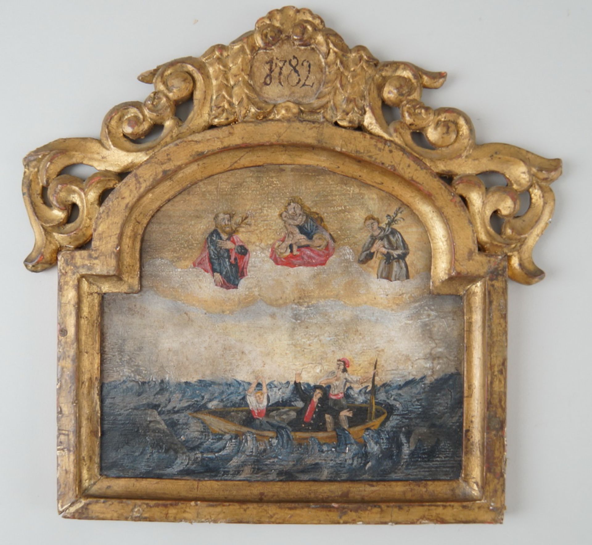 Barocke Votivtafel, in Seenot, auf Holz, datiert 1782, 34x35cm