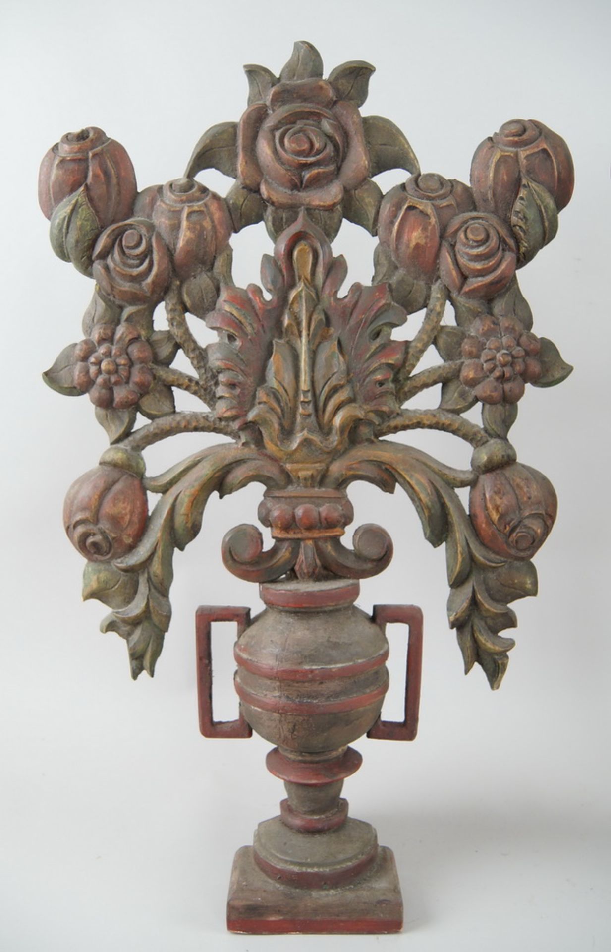 Paar bäuerliche Maiblumen / Altarvasen, Holz geschnitzt und gefasst, 63x35x13cm - Image 3 of 6