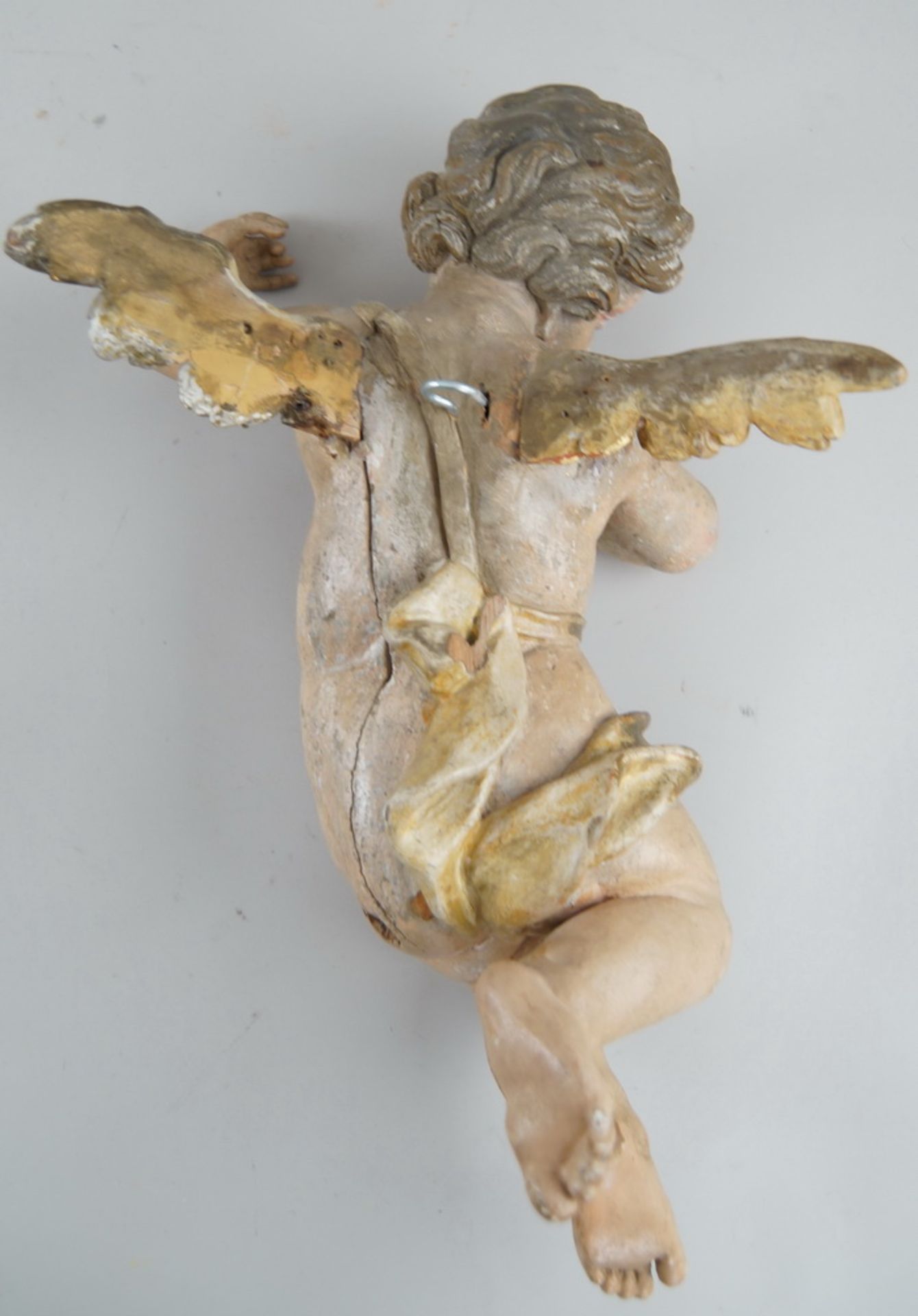 Barock Engel, Holz geschnitzt und gefasst, Altersspuren, H 47cm - Bild 5 aus 5