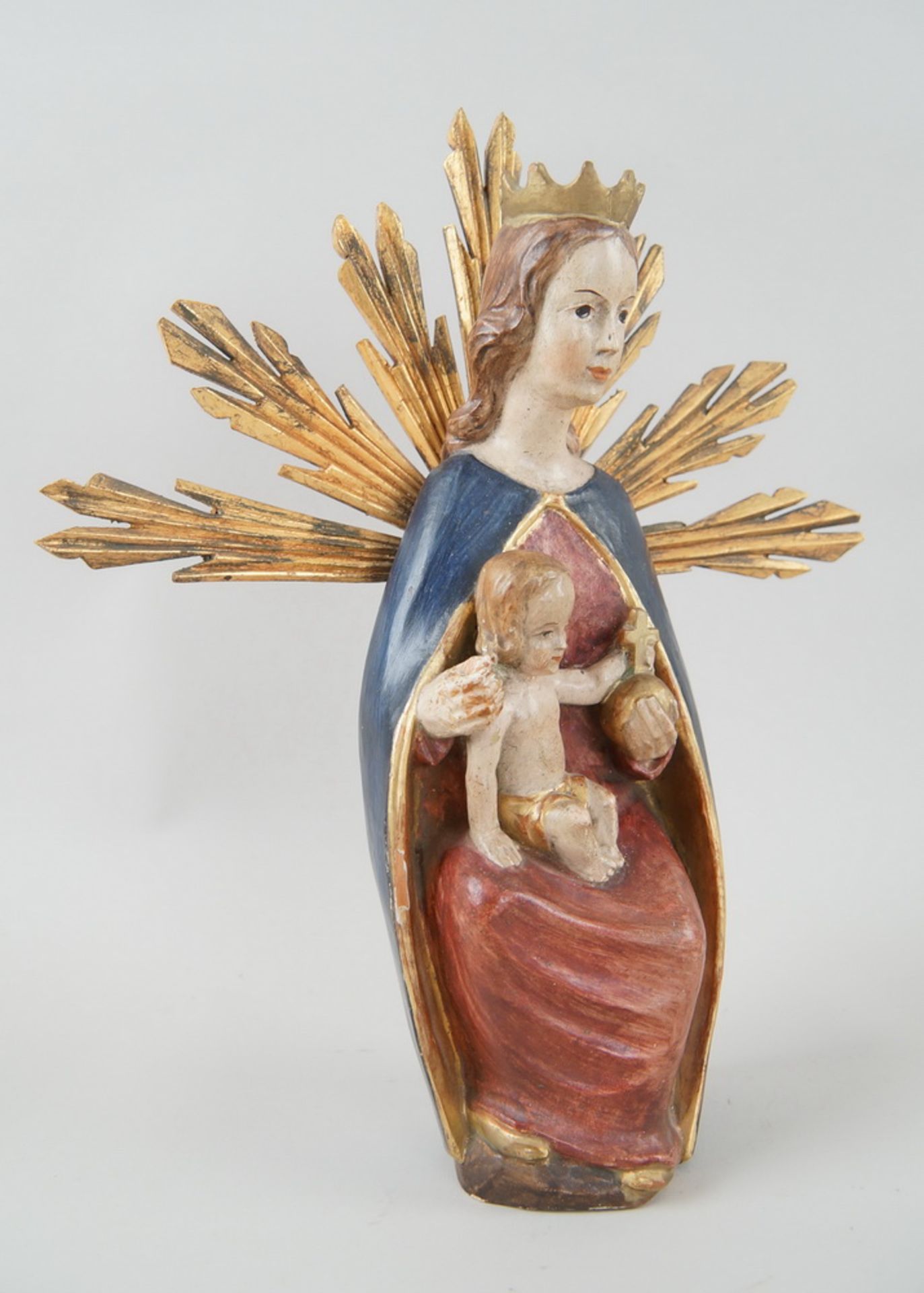 Liebliche Strahlenkranz - Madonna mit Jesus auf dem Schoss, Holz geschnitzt und gefasst, H34cm - Bild 2 aus 5