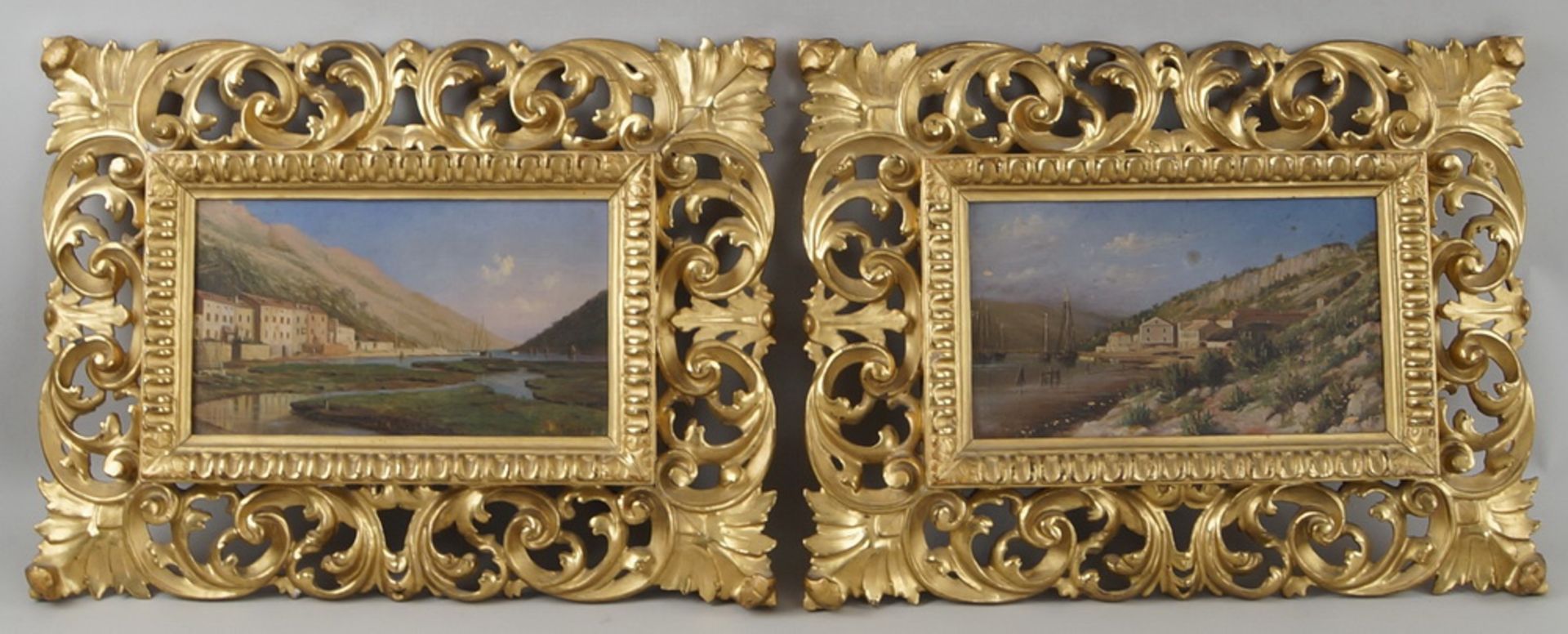 Paar prunkvoll geschnitzte florentiner Rahmen, vergoldet mit mediterranenHafendarstellungen, Öl - Bild 3 aus 16