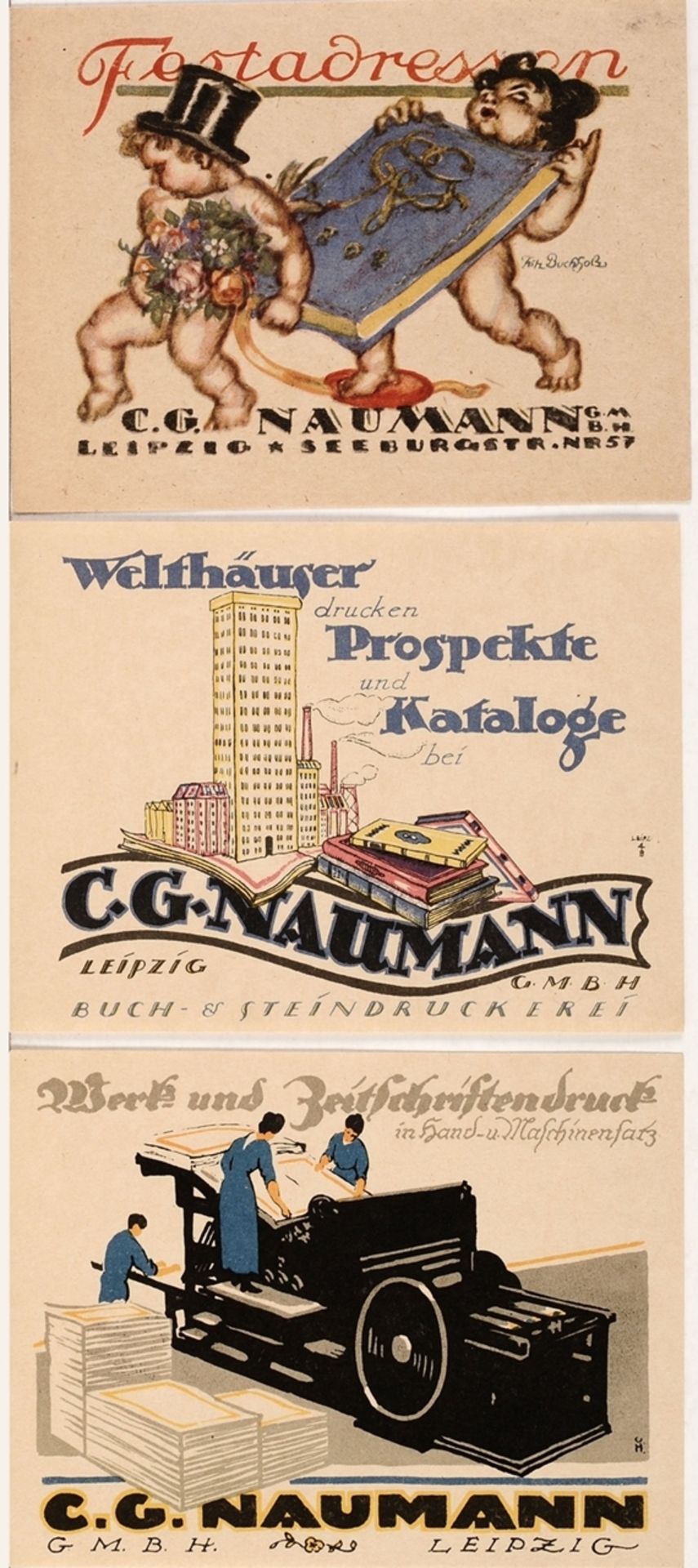 Konvolut Werbegrafiken der Leipziger Stein- und Buchdruckerei C. G. Naumann