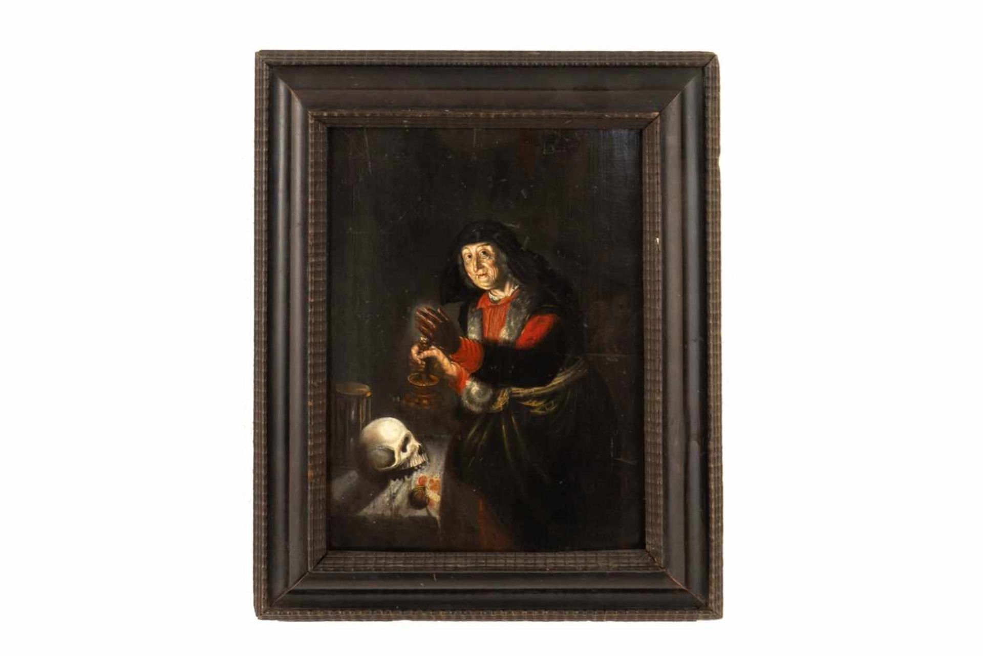 Memento mori, old woman with candle/skull and hourglass