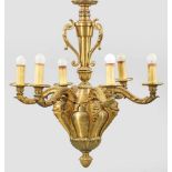 Schwere Belle Epoque-Deckenlampe6-flg.; Bronze und Messing vergoldet. Balusterförmiger Korpus. Davon