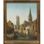 Emile Joseph De Cauwer(1827 Gent - 1873 Berlin)"Die Ufer der Orne in Caen (Normandie)".