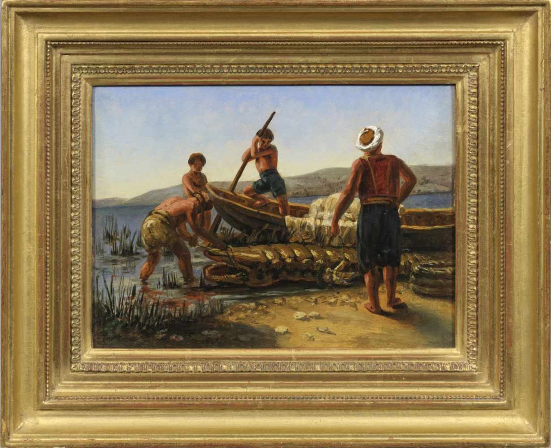 Französischer Orientmaler(Tätig um 1840)Krokodiljagd am Ufer des NilsDie lebensnah wiedergegebene