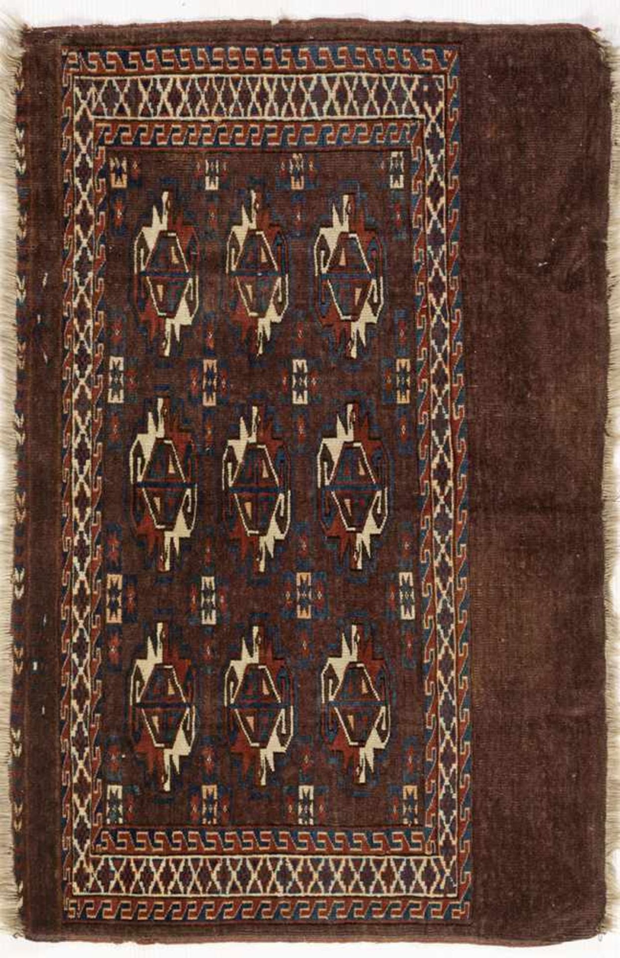 Antike Yomud Tschowal-TaschenfrontTurkmenistan. Um 1880-1900. Wolle auf Wolle. Auf rotbraunem