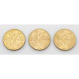 Drei Mexikanische Gold-Münzen von 1943 und 1947Dukatengold. Ges.-Gew. ca. 125,21 g.Three Mexican