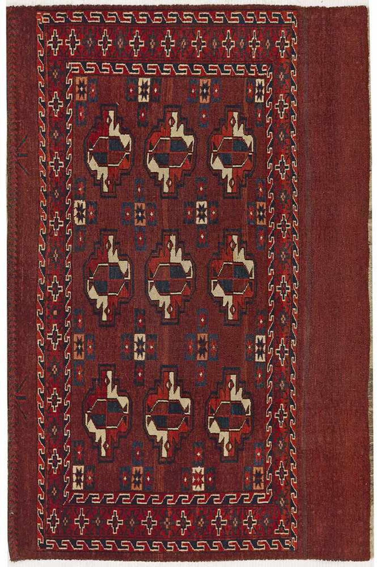 Antike Yomud Tschowel-TaschenfrontTurkmenistan. Ende 19. Jh.; Wolle auf Wolle. Im roten Innenfeld