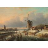 P. Williot(Belgischer Landschaftsmaler. Tätig im 19. Jh.)Eislauffreuden an einer Windmühle im