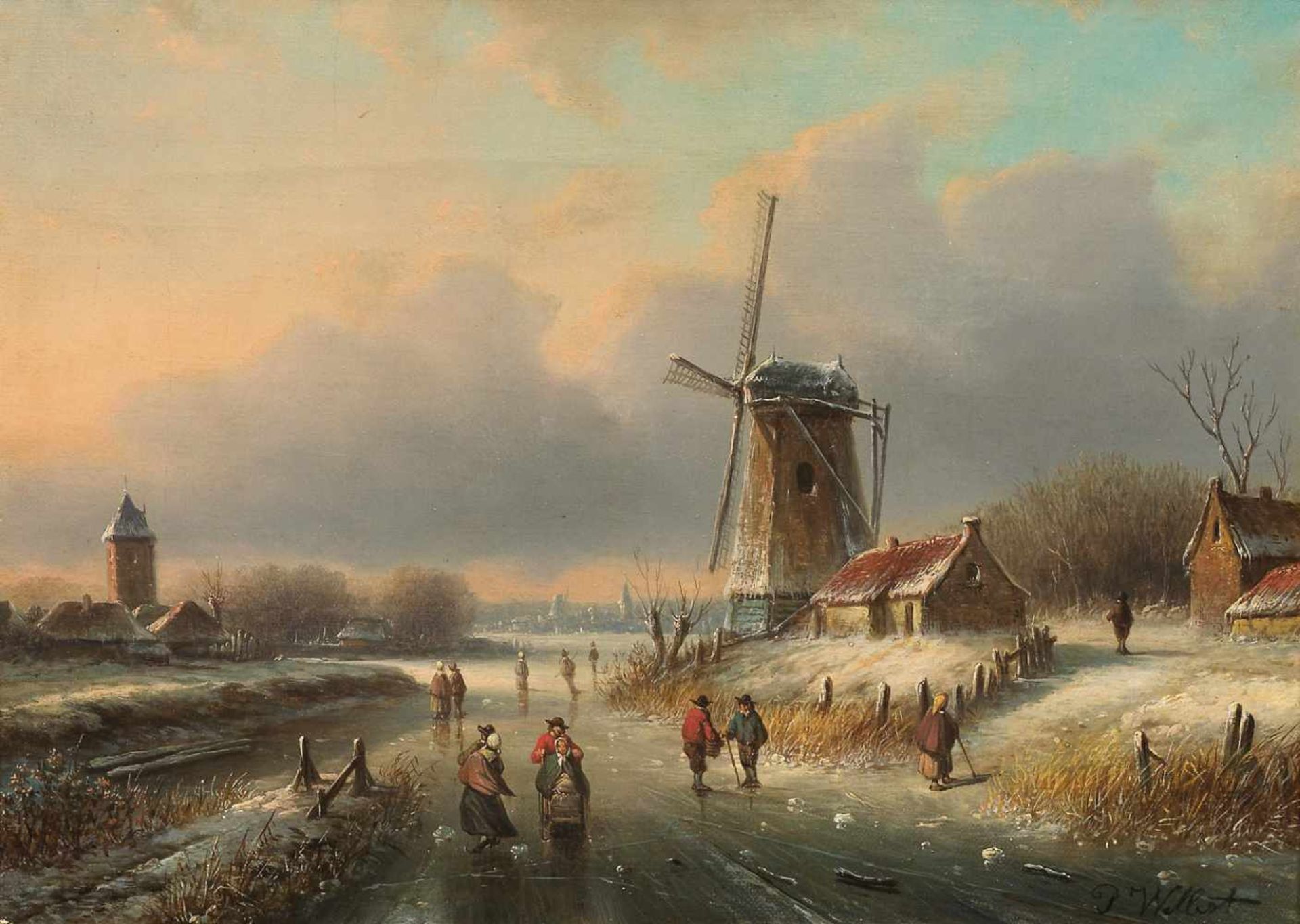 P. Williot(Belgischer Landschaftsmaler. Tätig im 19. Jh.)Eislauffreuden an einer Windmühle im