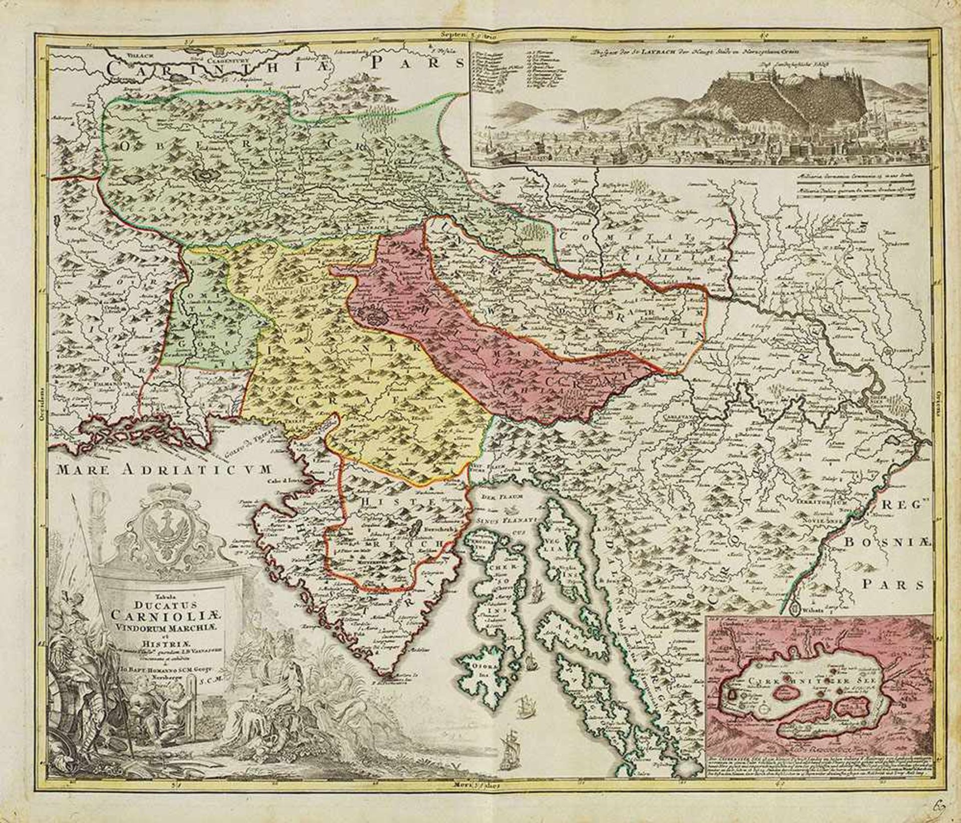 Landkarte des Herzogtums Krain mit derWindischen Mark und Istrien sowie Ansicht von Laibach"Tabula