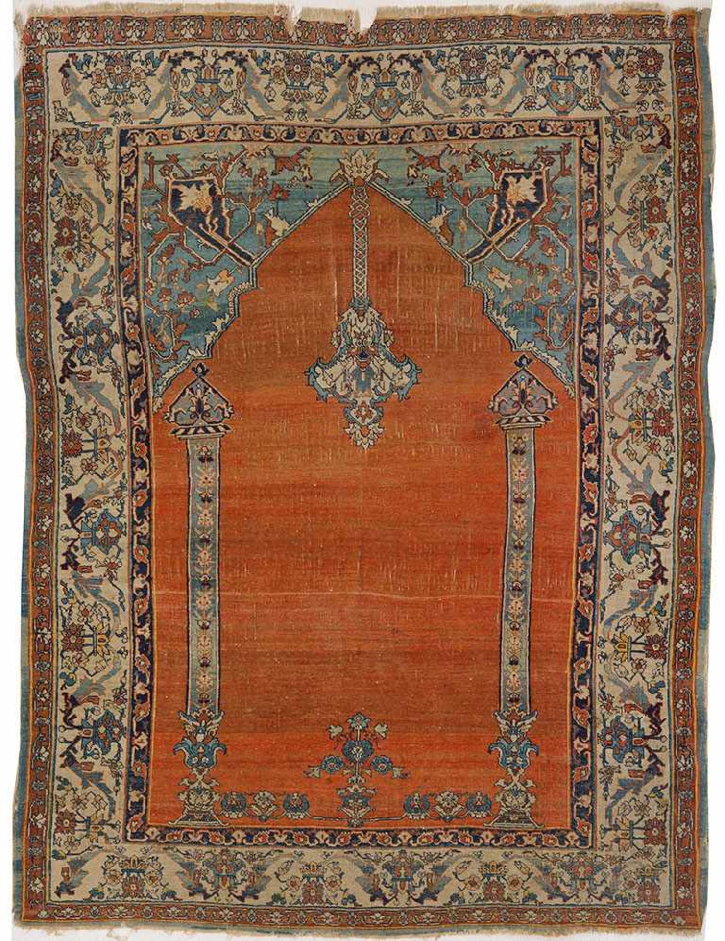Antiker Täbris-GebetsteppichPersien. Um 1890. Wolle auf Baumwolle. Auf rostrotem Fond große
