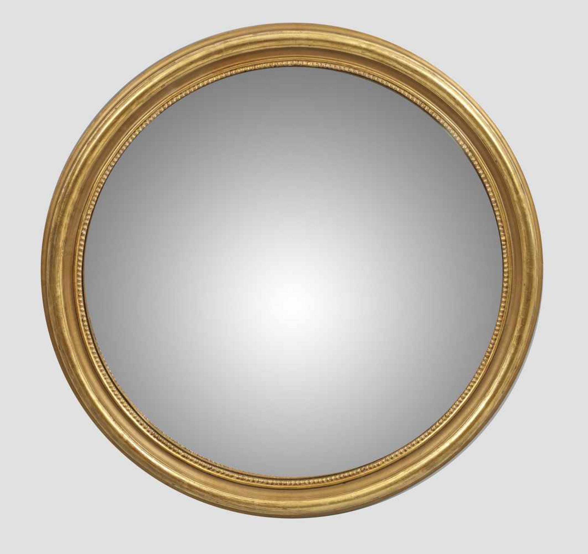 Großer KonvexspiegelHolz, vergoldet. Runde, umlaufend profilierte Spiegelrahmung mit