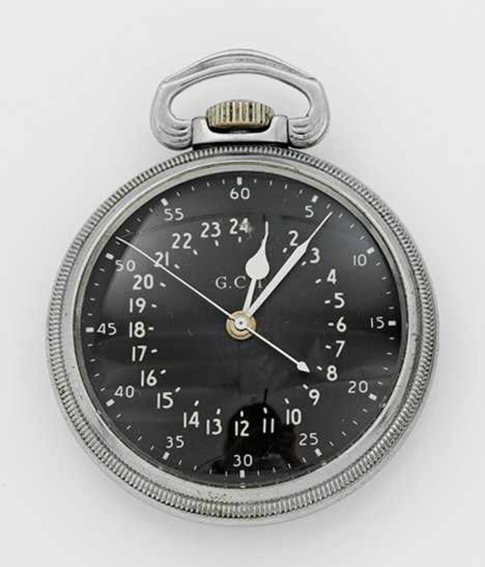 Militär-Taschenuhr von Hamilton aus den 40er JahrenChrom, poliert. Rundes, offenes Uhrengehäuse,